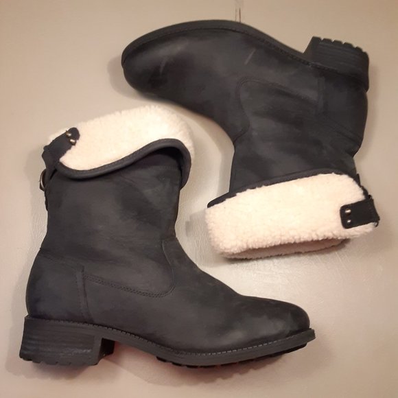 UGG women's 'Aldon' black leather & sheep wool lined moto motorcycle boots sz 10 - Picture 2 of 13